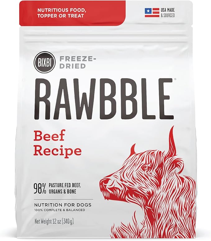 BIXBI Rawbble Freeze Dried Dog Food, Beef Recipe, 12 oz - 98% Meat and Organs, No Fillers - Pantry-Friendly Raw Dog Food for Meal, Treat or Food Topper - USA Made in Small Batches-Mewly Pet
