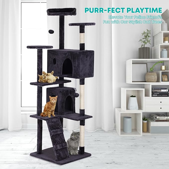 FDW Cat Tree 70in Cat Tower Multi-Level Durable Cat Scratching Post & Cozy Fun Cat Jumping Platform Space Saving Cat Condo Pet Play House for Indoor Cats,Ashy-Mewly Pet