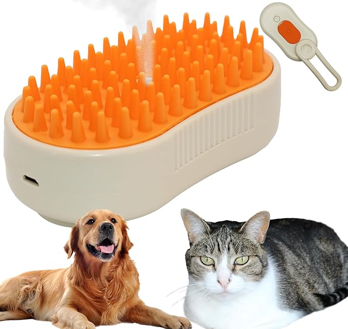 Cat Steam Brush, Helps Reduce Cat Hair, Easy Cleaning Top, Steam Brush with Silicone Massage Bristles for Cats or Dogs, Best for Long-haired Cats or Dogs (Beige)-Mewly Pet