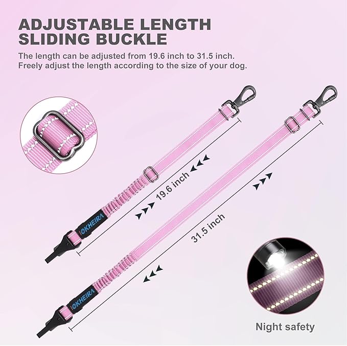 IOKHEIRA Dog Seat Belt 3-in-1 Car Harness for Dogs Adjustable Safety Seatbelt for Car Nylon Reflective Bungee Fabric Dog Car Harness with Clip Hook Latch & Buckle, Swivel Zinc Alloy Carabiner (Pink)-Mewly Pet