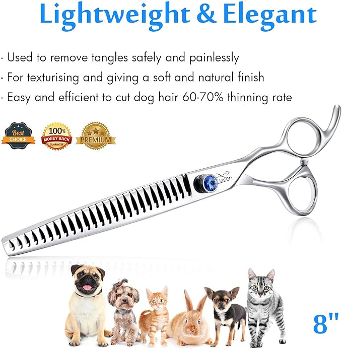 JASON 8" 26 Tooth Chunkers Shears for Dogs Ergonomic Cats Grooming Scissors Texturizing Blending Thinning Shear Pets Trimming Kit with Offset Handle Sharp Comfortable Scissor-Mewly Pet
