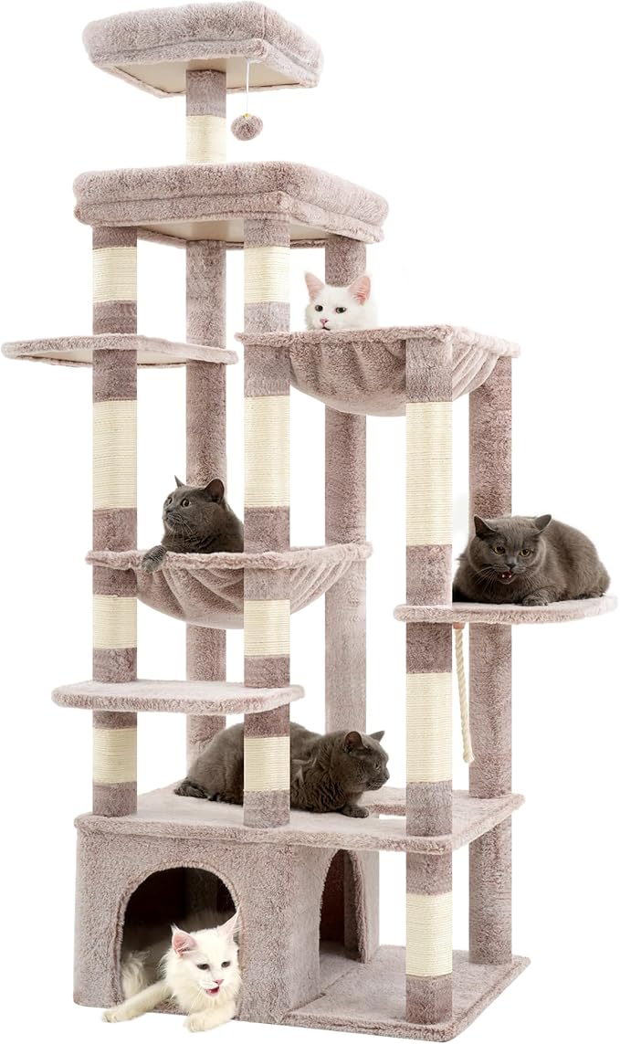 Heybly Heavy Duty Cat Tree, 71-Inch Tall Tower for Large Maine Coon with Extra-Large Baseboard, Cat Condo Furniture with Multi-Level Platforms, 2 Hammocks and 12 Scratching Posts, Muchroom HCT037MU-Mewly Pet