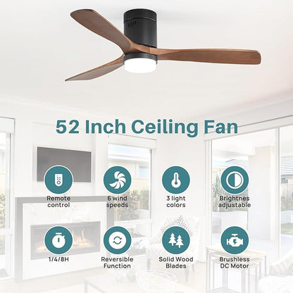 Sofucor Ceiling Fan with Lights 52 Inch Flush Mount Ceiling Fan with Remote Control, Wood Blades Modern Outdoor Ceiling Fans for Bedroom/Farmhouse/Patio/Indoor, Quiet DC Motor