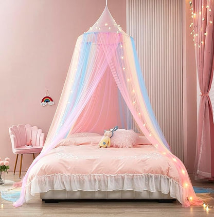 Rainbow Bed Canopy with Lights - Mosquito Netting for Twin, Single, Full, Queen & King Size Beds - Decor for Girls' Rooms