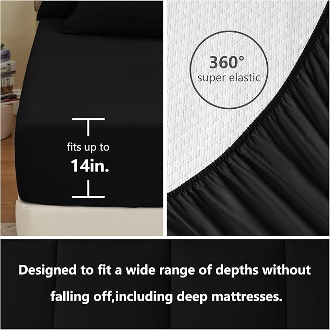 CozyLux Full Size Comforter Sets Black, 7 Pieces Bed in a Bag, Black Comforter Full Size, All Season Bedding Sets with Stitch Quilted Comforter, Flat Sheet, Fitted Sheet, Pillowcases