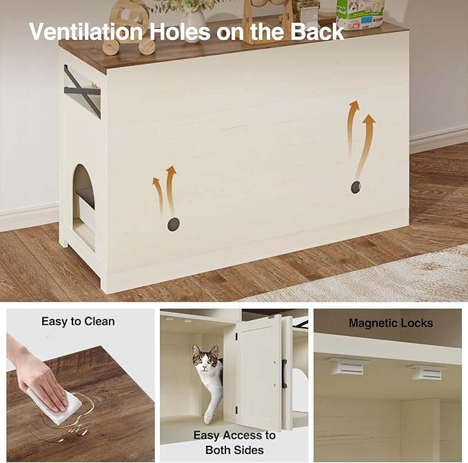 Cat Litter Box Enclosure for 2 Cats, 47" Hidden Litter Box Furniture Cat Washroom with Double Large Room, Farmhouse Indoor Litter Box Cabinet TV Stand, White-Mewly Pet