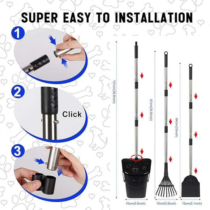 Dog Poop Scooper with 20 Bag Attachment Long Handle Swivel Bin, Rake & Spade Heavy Duty Easy to Clean Pooper Scooper for Large Medium Dogs Pet Waste Removal Solution for Yard, Grass, Gravel-Mewly Pet