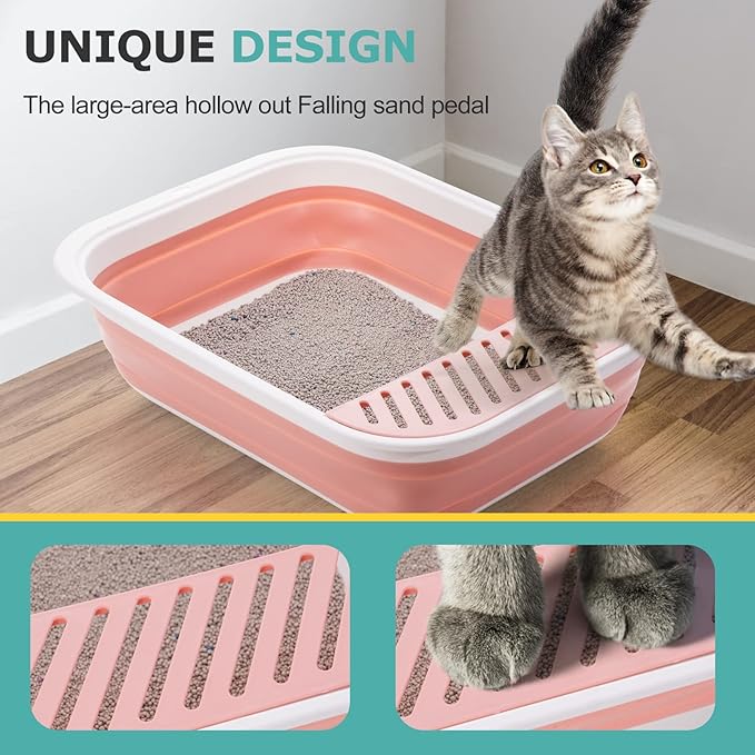 Open Top Cat Litter Box, Large Foldable Cat Potty Height-Adjustable Sides Anti-Splash, Open Air Kitty Litter Pan No Smell, Cat Toilet Easy Clean with Cat Litter Scoop (Pink)-Mewly Pet