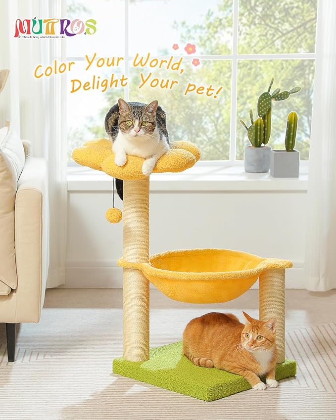 28" Flower Cat Tree Cute with Flower Top Perch, Large Hammock for Indoor Small Cats, Small Cat Tower with Cute Scratching Post and Fur Toy Ball for Kittens, Yellow-Mewly Pet