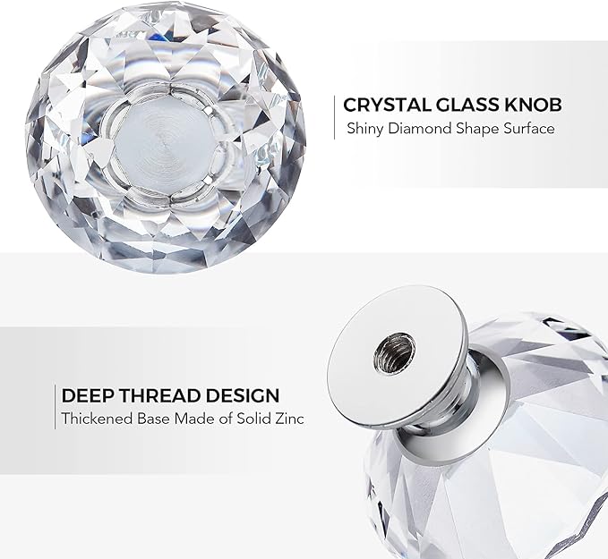 Ravinte 10 Pack Crystal Drawer Knobs - Glass Cabinet Knobs, Diamond Shaped, 30 mm with Silver Base