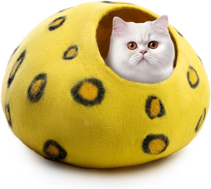 Woolygon Premium Felt Cat Cave Bed - Polka Dot Series - Wool Kitty Beds Handcrafted Kitten Caves Bed for Indoor Cats - Eco-Friendly Merino Wool, Foldable Cat Hideaway Cat Houses Pod-Mewly Pet
