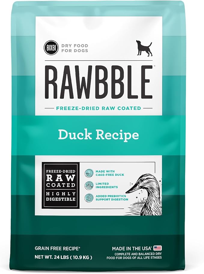 BIXBI Rawbble Dry Dog Food, Duck, 24 lbs - USA Made with Fresh Meat - No Meat Meal & No Corn, Soy or Wheat - Freeze Dried Raw Coated Dog Food - Minimally Processed for Superior Digestibility-Mewly Pet