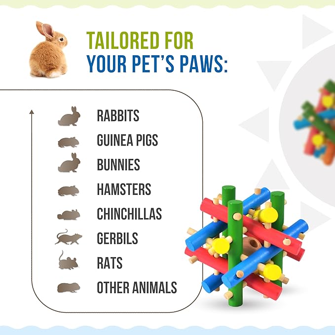 Wooden Chewing Toy for Small Animals, Natural Wood for Rabbit, Guinea Pig, Bunny, Chinchilla (Colored)-Mewly Pet