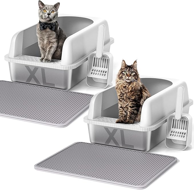 2 Pack Stainless Steel Cat Litter Box with Lid, 24" L x 16" W x 11.8" H, Extra Large Litter Box for Big Cats with High Sided, Anti-Urine Leakage, Easy Cleaning, Include Cat Mat and Scoop-Mewly Pet
