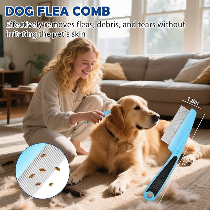 Dog Grooming Brush Set – 5-Piece Kit for Medium & Long-Haired Dogs | Includes Long Pin Brush, Flea Comb, Bath Glove, Silicone Glove, Metal Comb | For Poodles, Huskies & More (Blue)-Mewly Pet