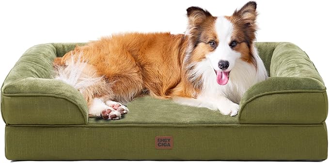 EHEYCIGA Orthopedic Dog Beds for Large Dogs, Waterproof Memory Foam Large Dog Bed with Sides, Non-Slip Bottom and Egg-Crate Foam Pet Couch Bed with Washable Removable Cover, Olive Green-Mewly Pet