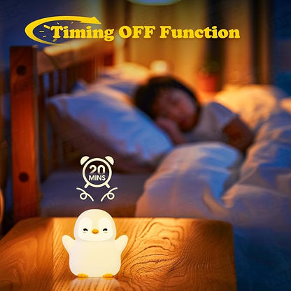 UNEEDE Standing Penguin Night Light with Detachable Bunny Hat - Rechargeable Silicone Touch Lamp, 2-Level Dimmable, 20-Min Timer, Nursery Decor for Kids & Holiday Gifts