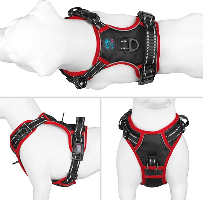PHOEPET 2019 Upgraded No Pull Dog Harness, Reflective Adjustable Vest, with a Training Handle + 2 Metal Leash Hooks+ 3 Snap Buckles +4 Slide Buckles(L, Black)-Mewly Pet