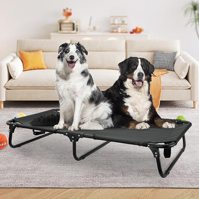 Elevated Dog Bed Large Sized Dog Cots Beds for Large Dogs Foldable Raised Dogs Beds Outdoor Cooling Chew-Proof, No Assembly Need, Black-Mewly Pet