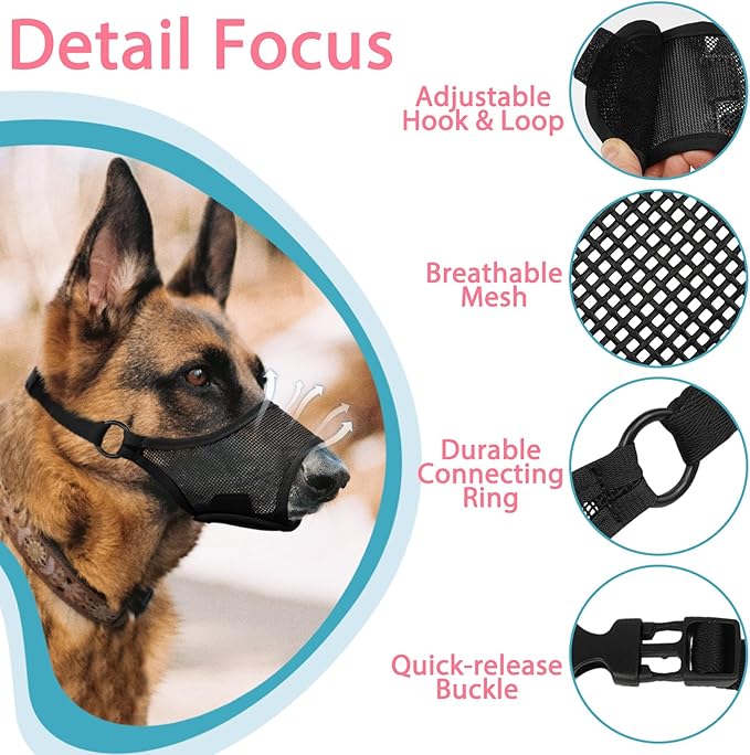 LUCKYPAW Dog Muzzle, Mesh Muzzle for Large Medium Small Dogs, Soft Mouth Guard for Biting Chewing, Breathable Mouth Guard with Adjustable Strap for Training (Black, M(Snout:8.75"-9.5"))-Mewly Pet