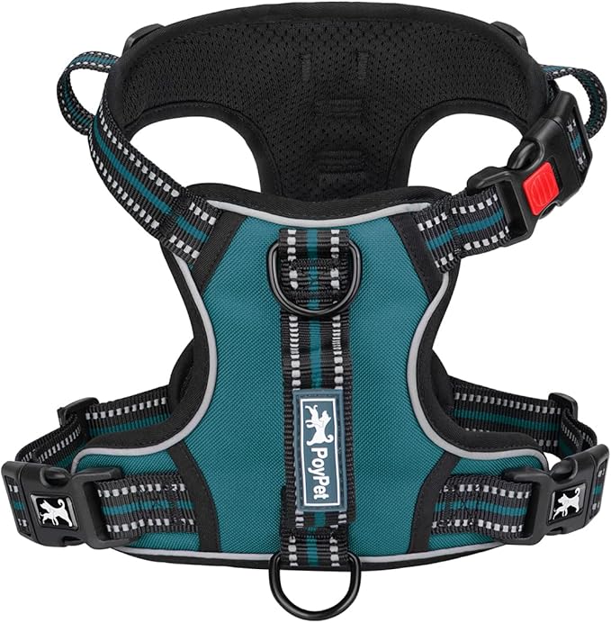 PoyPet No Pull Dog Harness, No Choke Front Clip Reflective Dog Vest with Soft Padded Vertical Handle, 3 Leash Attachments for Small Medium Large Dogs (Tumalo Teal,M)-Mewly Pet
