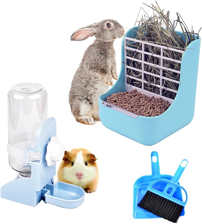 HERCOCCI PET Feeder and Water Bottle Set, Large Blue (500ml), Durable Hay Food Bin Feeder, Food Bowl, Gravity-Fed Water Dispenser for Rabbit, Guinea Pig, Chinchilla-Mewly Pet