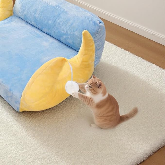 Cat Couch with Soft Pillow, Supportive Dog Couch, Cat Sofa with Removable Cover，Cute Moon Shaped, 24 Inch-Mewly Pet