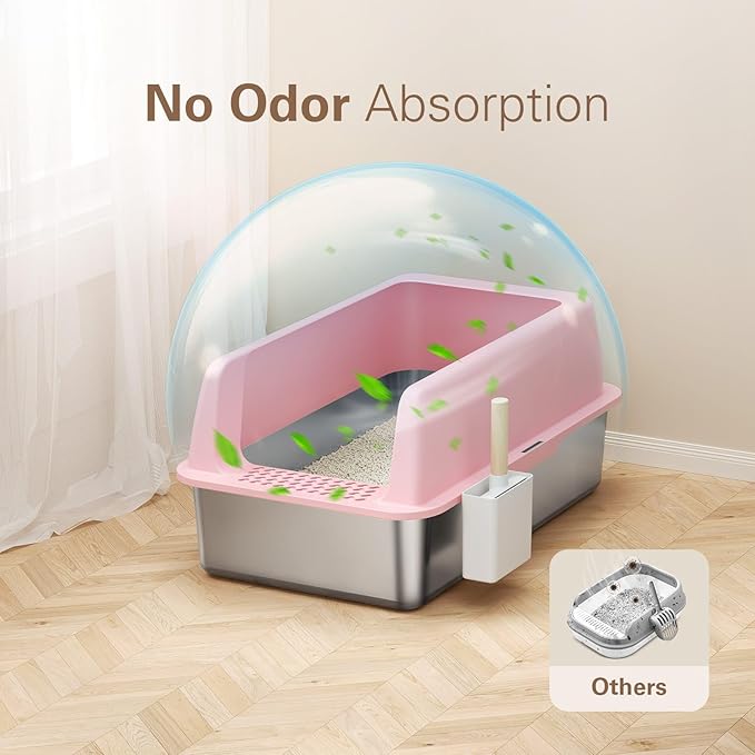 Zarler Stainless Steel Litter Box with Lid, Extra Large Cat Litter Boxes, XL Large Metal Litter Box for Big Cats with High Sided, Pink (Non-Sticky, Easy to Clean, Anti-Urine Leakage)-Mewly Pet
