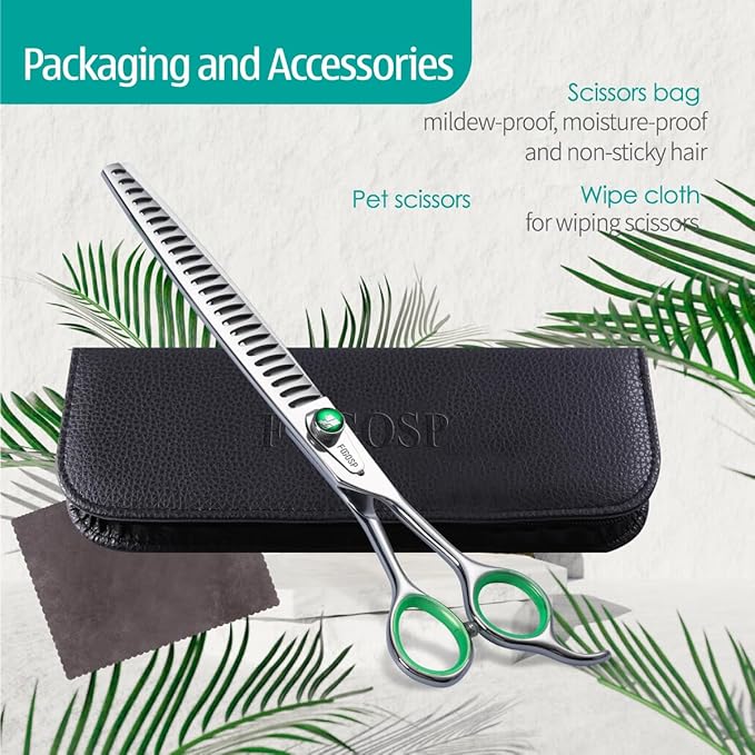 Professional Thinning Shears for Dogs 8 inch Dog Grooming Scissors for Pet Long Chunkers Shears Japanese 440C 70% Thinning Rate 24 Teeth Green Clover-Mewly Pet