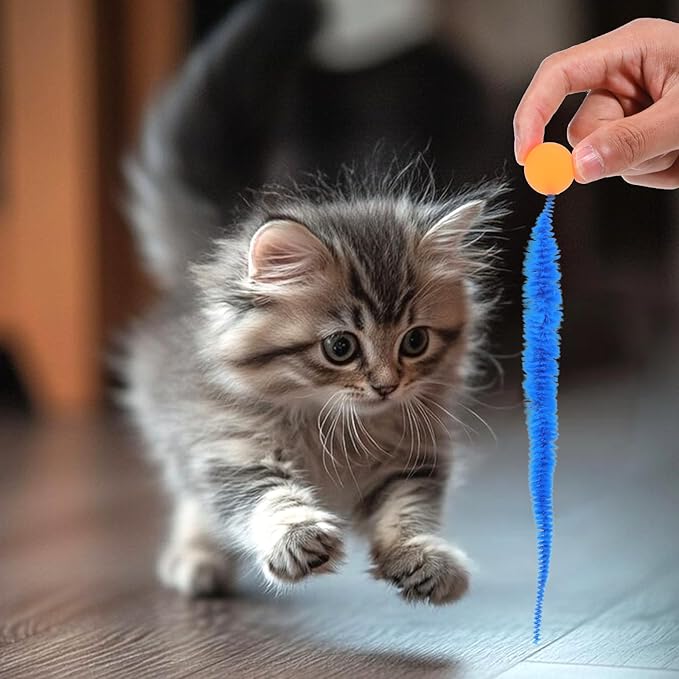 6 Pcs Bouncy Ball for Cats, Colorful Fuzzy Bouncy Cat Worm Toy Ball Fuzzy Worms (Balls Colors are Random)-Mewly Pet