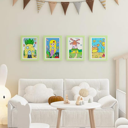 KINLINK A4 Kids Art Frames Set of 2, Solid Wood Kids Artwork Frames Changeable with Acrylic Front Opening Holds 150 Pictures, Art Frame for Kids Artwork with Mat or without Mat, Light Green
