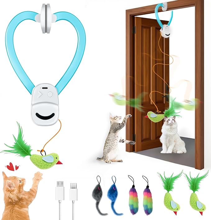Interactive Cat Toys for Indoor Cats Automatic Electric Flying Bird Feather Mouse Toy - Best Kitten & Adult Cat Enrichment Mouse cat Toy Hanging Electric Kitty Toys for Bored Cats（Blue）-Mewly Pet