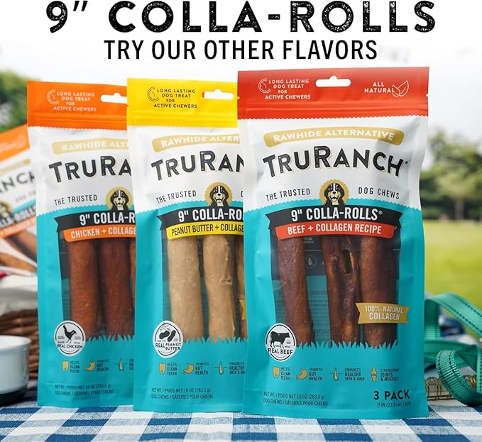 Collagen Rolls - 9" Collagen Rolls for Dogs - Long Lasting Healthy Joint Support Dog Treat - Rawhide Alternative - Skin & Coat Health - Made with Real Beef, 1 Bag, 3 Count-Mewly Pet
