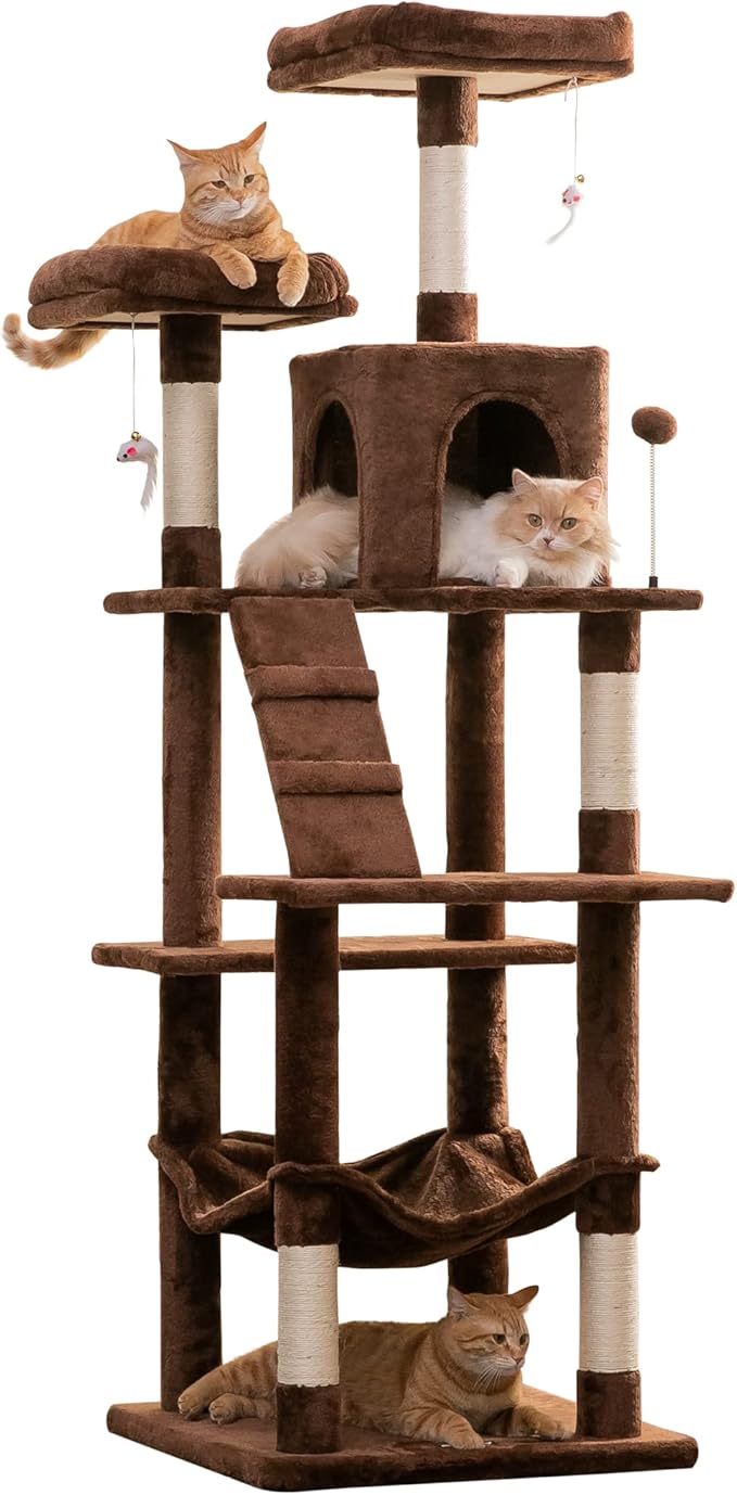 MWPO 70.1-Inch Large Cat Tree, Multi-Level Tall Cat Tower for Indoor Cats, Plush Cat Condo with Big Padded Perches, Sisal-Covered Scratching Posts, Hammock, Toys for Kittens & Cats - Brown-Mewly Pet