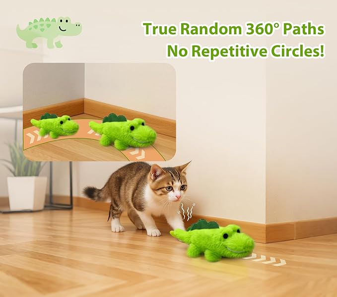 Interactive Cat Toys for Indoor Cats - Automatic Moving Cat Chase Toy for Bored Indoor Adult Cats - 360° Random Movement, Tail Wagging & Catnip Stimulation - Electric Croc(Long Plush)-Mewly Pet