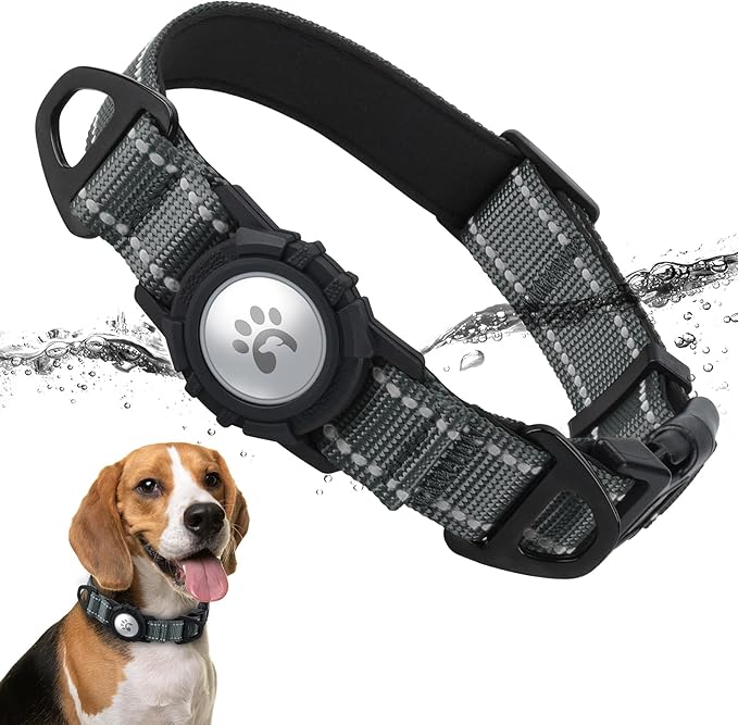 TagME Airtag Dog Collar,Waterproof Reflective Pet Collar with Airtag Holder,Soft Padded and Double D-Rings for Medium Dogs,Grey-Mewly Pet