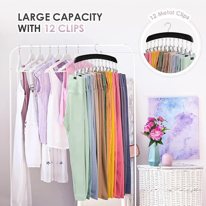 Leggings Hangers, Wooden Closet Hanging Leggings Storage Organizer Scarf Hangers with 24 Clips, 360° Swivel Hook, Black, 2 Pcs