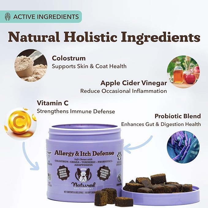 Natural Dog Company Allergy & Itch Defense Chews – Allergy Support for Dogs, Itch Relief, Skin, Coat & Gut Health with Probiotics, Colostrum & Salmon Oil, Grain-Free Dog Supplement, 90 ct-Mewly Pet