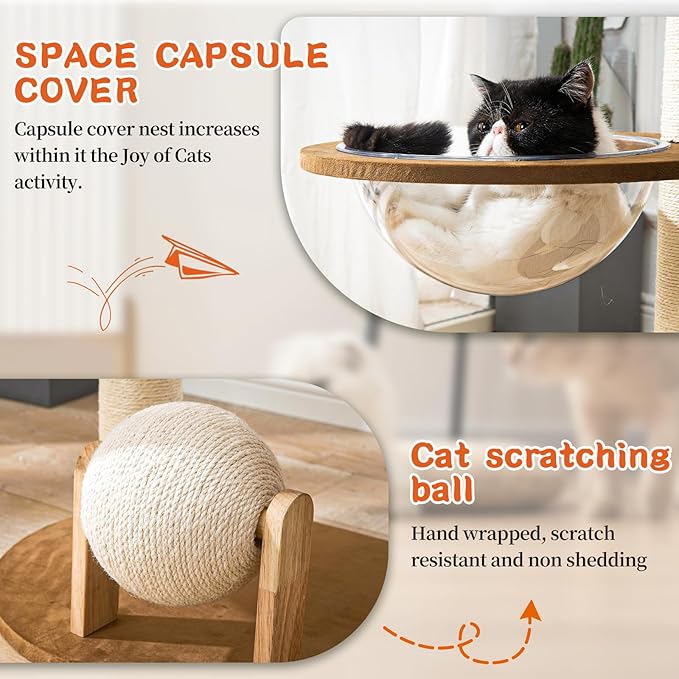 Modern Cat Tree for Indoor Cats, Wood Cat Tree with Natural Sisal-Covered Scratching Posts, Unique Cat Furniture Activity Center with Cat Scratching Ball Toy-Mewly Pet