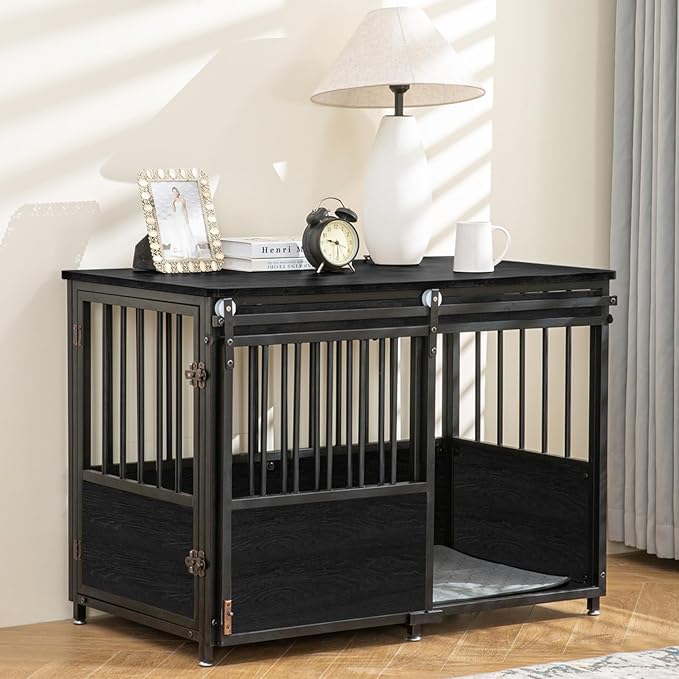 KOOPRO 40 Inch Dog Crate Furniture with Cushion for Small Medium Dogs, Wooden Heavy Duty Dog Kennel with Double Doors, Decorative Pet House Dog Cage Side End Table Indoor, Sliding Door Chew-Resistant-Mewly Pet