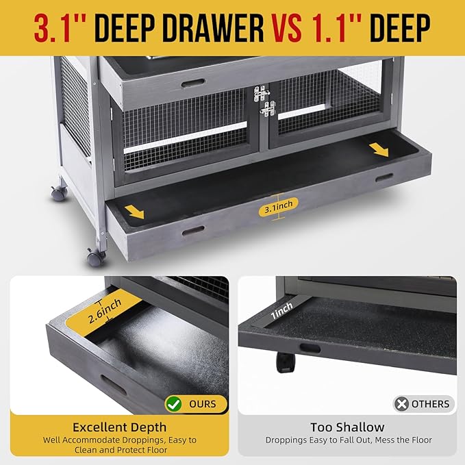 Rabbit Hutch Bunny Cage Indoor Outdoor with Wheel Deeper Tray Chew Proof Guinea Pig Cages 2 Decks Large Rabbit House with 4 Wooden Doors Weatherproof 41.3" L*17.3" W*41.3" H-Mewly Pet