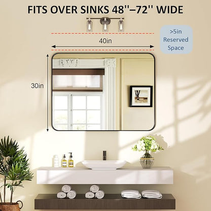 40×30 Black Vanity Mirror for Over Sink - Rectangular Bathroom Mirrors for Wall with Tempered-Glass & Rustproof Metal Frame for Restroom, Rounded Corners, Horizontal/Vertical, Explosion Proof