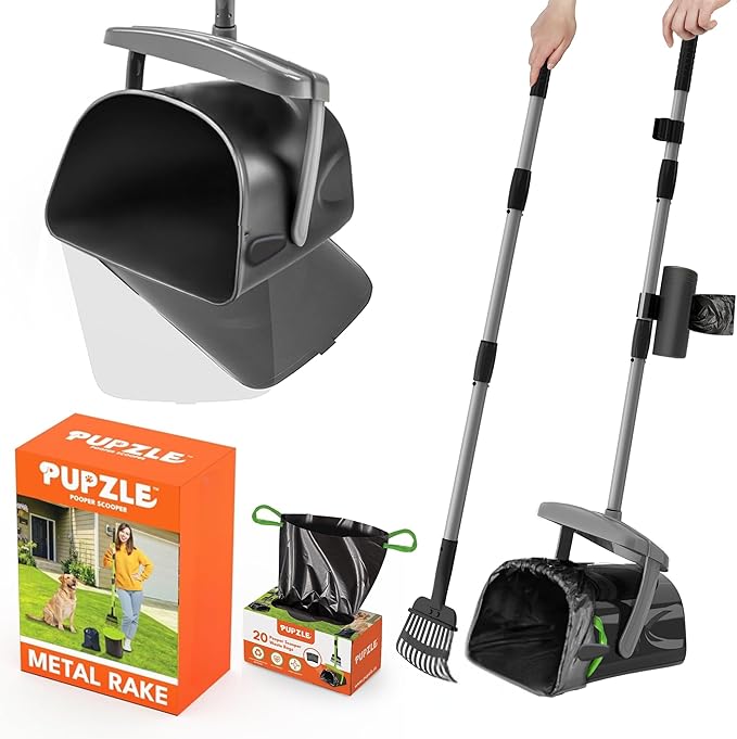 Dog Pooper Scooper with Bag Attachment, 40" Long Handle Pooper Scooper for Large Dogs, Dog Poop Scoop for Yard, Large Capacity Swivel Bin and Rake, Lavender Scented Bags (Grey)-Mewly Pet