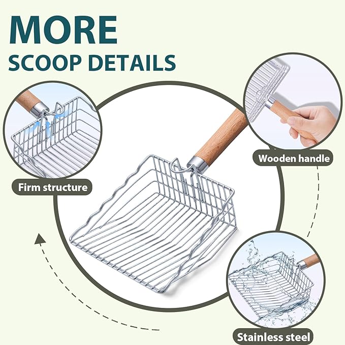 Cat Litter Scoop, Kitty Metal Scooper with Hook and Long Hole, Stainless Steel Kitten Poop Lifter for Litter Box, Non Stick, Durable and Heavy Duty Sifter for Easy Clean-Mewly Pet