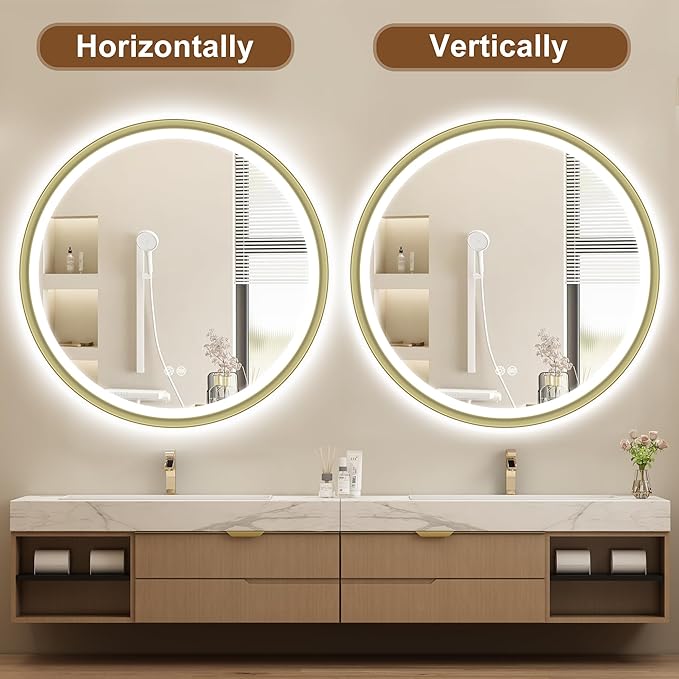 S'bagno 32" Round Gold LED Mirror for Bathroom With Frontlit & Backlit, Metal Frame, Anti-Fog, Stepless Dimmable, 3 Colors Temperature Vanity Mirror