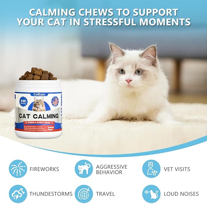 Calming Chews for Cats, Cat Calming Treats - Cat Anxiety Relief, Helps Reduce Stress & Promotes Relaxation for Travel, Boarding, Vet Visits, Separation Anxiety - Chicken (230 Soft Chews)-Mewly Pet