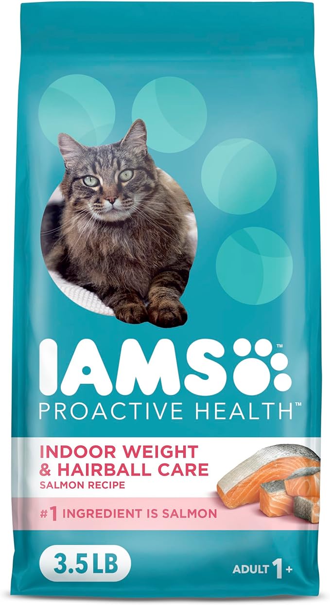 IAMS Proactive Health Indoor Weight Control & Hairball Care Adult Dry Cat Food, Salmon Recipe, 3.5 lb. Bag-Mewly Pet