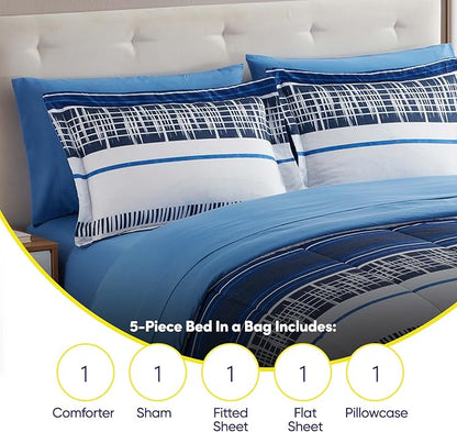 Sweet Home Collection 5 Piece Comforter Set Bag Solid Color All Season Soft Down Alternative Blanket & Luxurious Microfiber Bed Sheets, Mediterranean, Twin