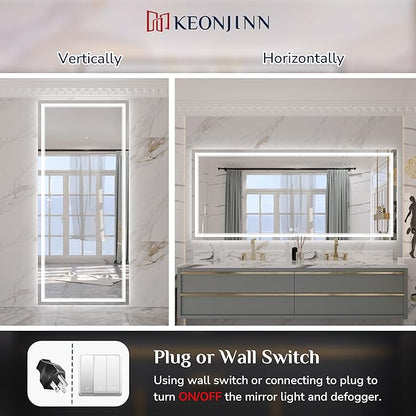Keonjinn 72 x 32 Inch LED Bathroom Mirror with Lights, Large Wall Mounted Vanity Mirror, UL Listed LED Driver, HD Tempered Glass, Easy Installation, Anti-Fog, Memory Dimmable 6000K, CRI 90+