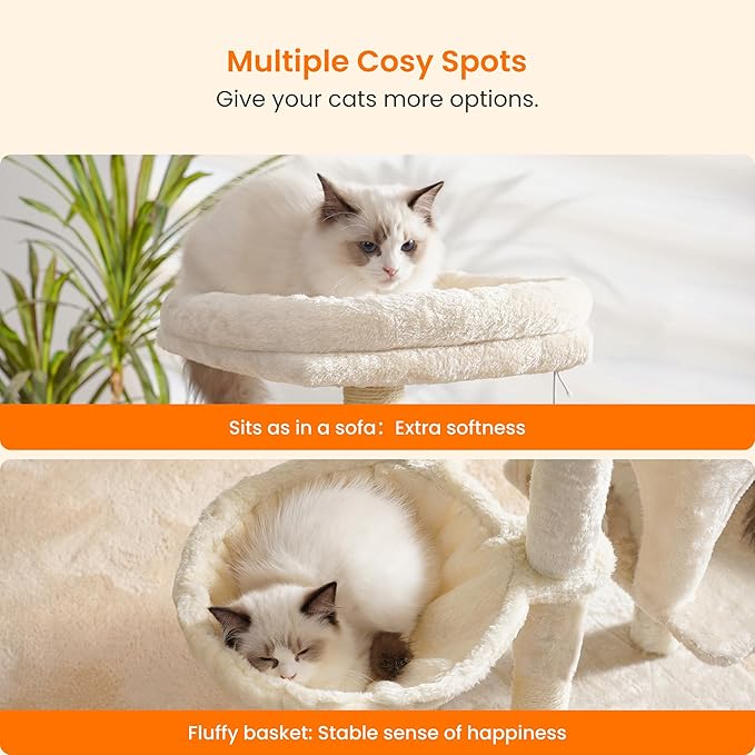 Heybly Cat Tree with Cat Self Groomer Brush, Cat Tower Condo for Indoor Cats with Padded Plush Perch, Cat House with Basket Scratching Board Post, Beige HCT005SM-Mewly Pet